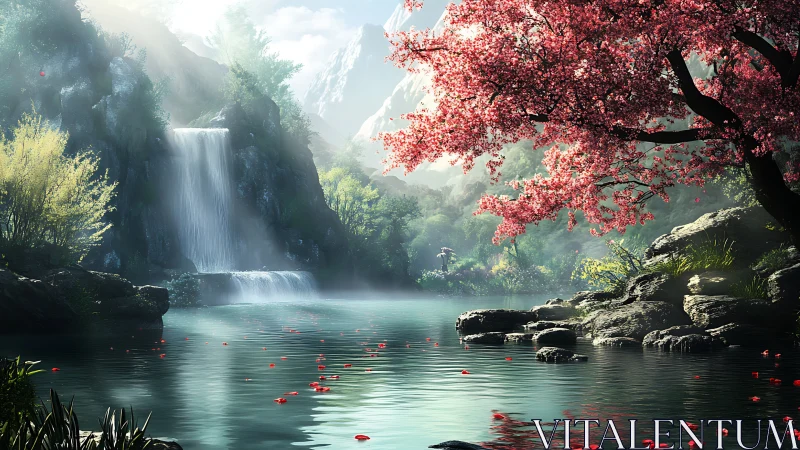 Serene mountain waterfall with cherry blossoms at lakeside.