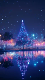 Illuminated outdoor tree reflected in calm urban waterway.