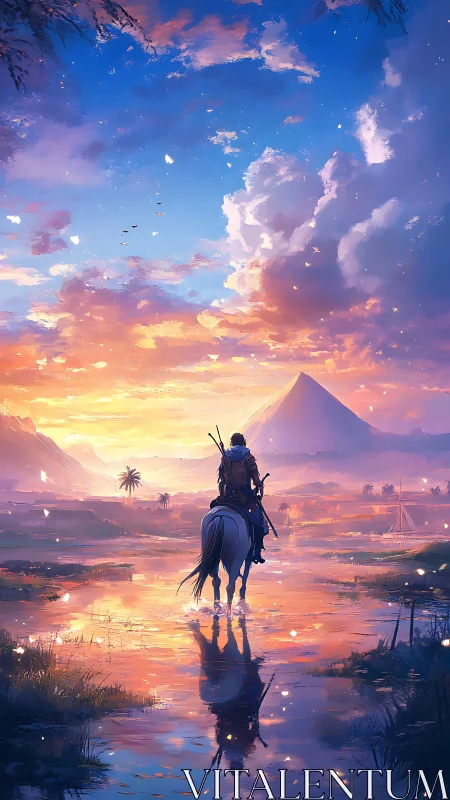 Lone rider on horse crossing sunset flooded plains.