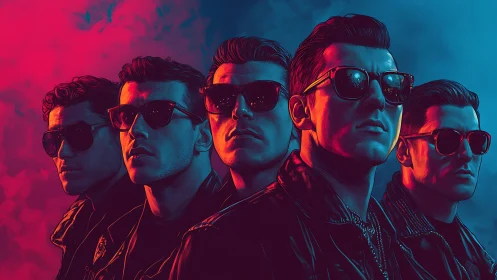 Neon-clad rebel quintet stride through electric dusk haze.