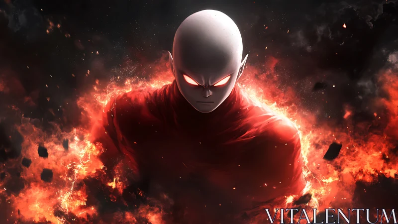 Bald humanoid figure emerges from dense red-orange flames