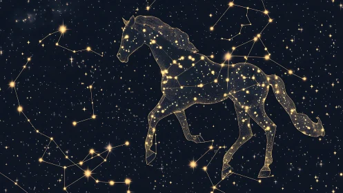 Celestial horse constellation diagram in luminous linework.