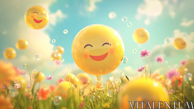 Sunlit smiley balloons drifting through a daydream meadow.