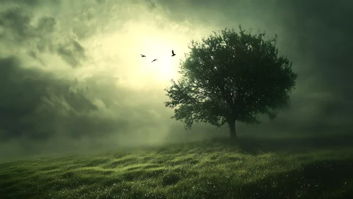 Solitary tree glowing softly in misty green morning light.