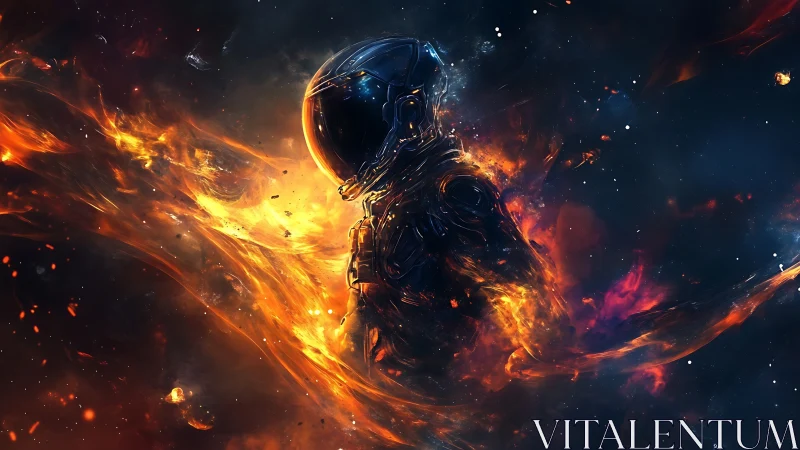 Astronaut engulfed in cosmic firestorm amid deep space.