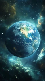 Planet Earth illuminated in deep cosmic nebula glow.