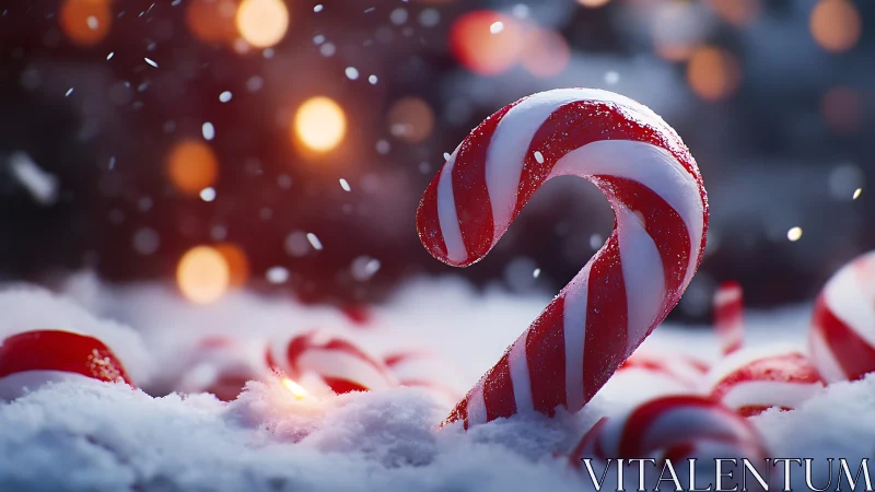Candy cane in snowy bokeh holiday night scene.