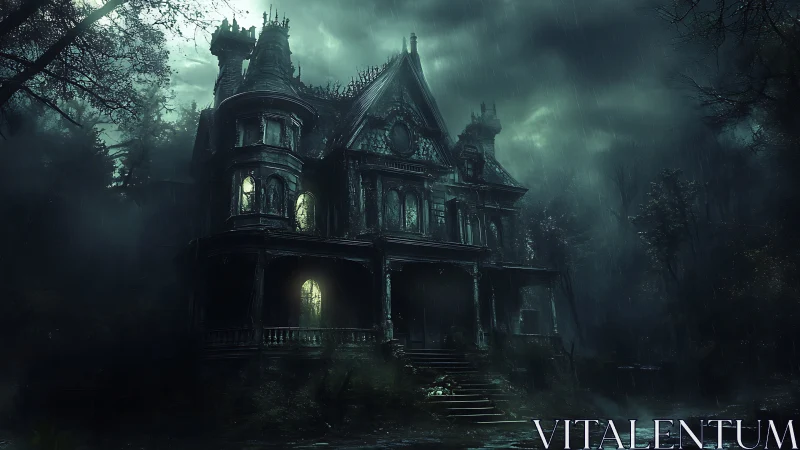 Storm-drowned Victorian mansion brooding at the forest edge.
