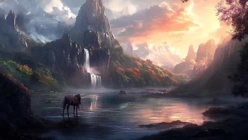 Horse stands in reflective river below multi-tier waterfall