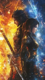 Dual armored warriors stand back to back in fiery and icy nebula