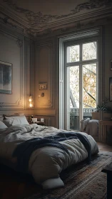 Ornate high-ceiling bedroom with balcony and soft daylight.