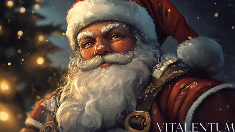 Close-up portrait of Santa Claus in warm festive light.