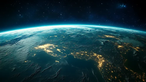 Earth horizon from space with glowing night city lights.