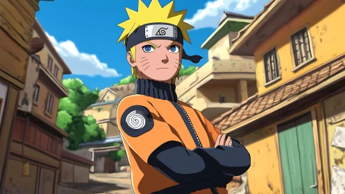 Blond ninja teen in orange tactical jacket, village street scene