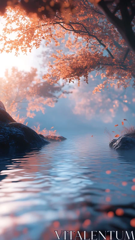 Calm river under autumn trees in soft sunrise light.