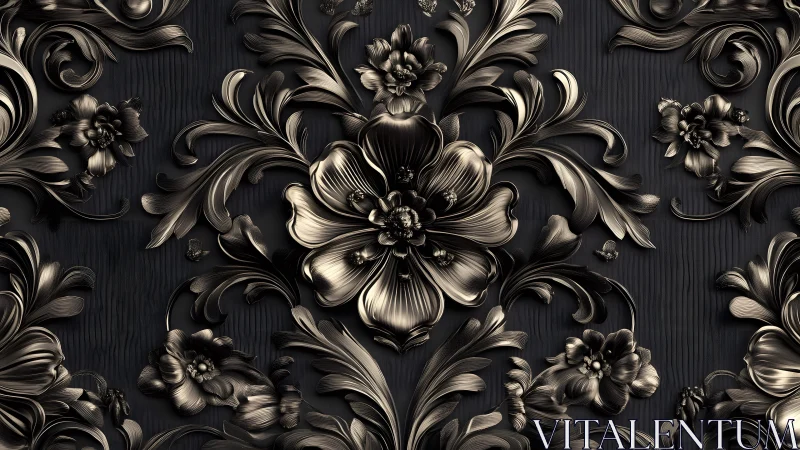 Luxurious Baroque Floral Pattern in Metallic Black and Gold Style.