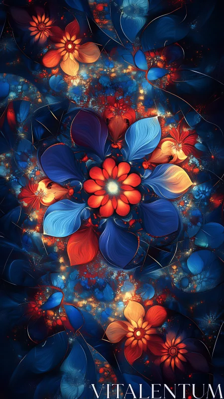 Fractal floral mandala in luminous complementary chromatic geometry.