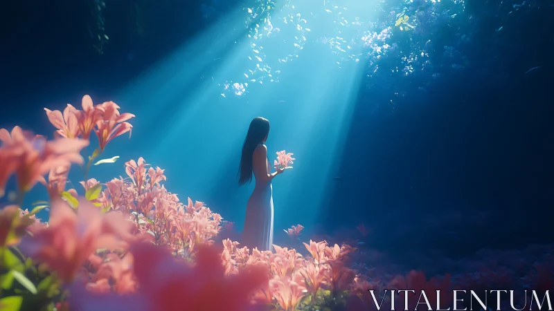 Volumetric light shafts over lone figure in floral glade.