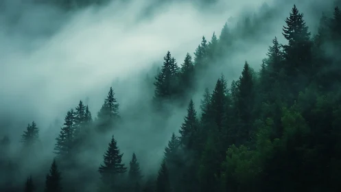 Emerald Breath: Misty Conifer Cathedral Dissolves Into Dream.