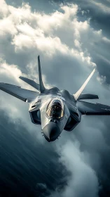 Sleek modern jet soaring confidently through stormy clouds.