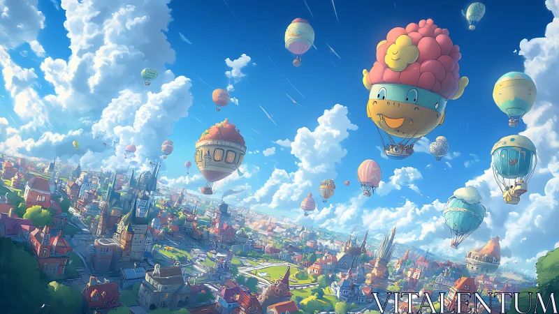Cartoon hot air balloons over expansive townscape under sky.