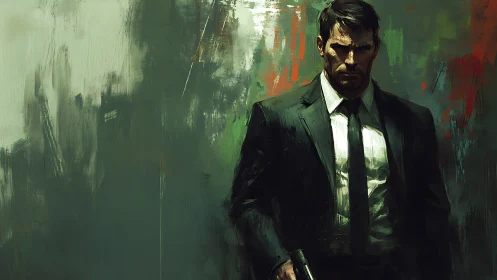 Stoic suited figure walking through stormy painted city.