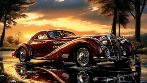Crimson art deco roadster drifting through molten sunset reflections.