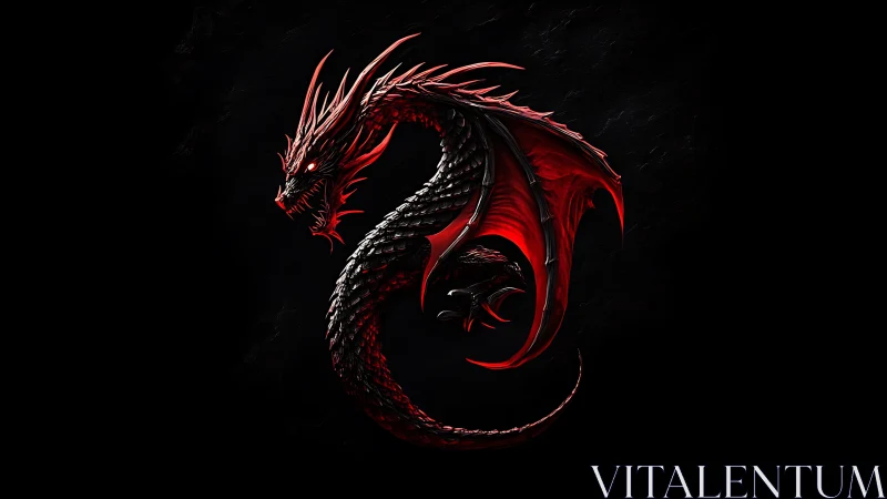 Crimson dragon coil over black void in digital painting.