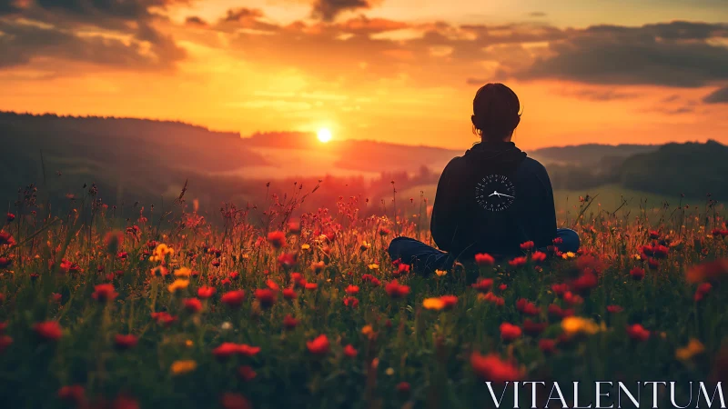 Person seated in wildflower field observing sunset horizon.