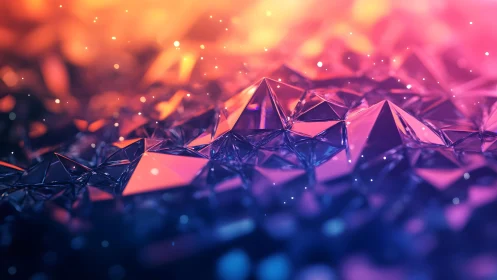 Abstract geometric crystals with glowing neon hues and bokeh effect.