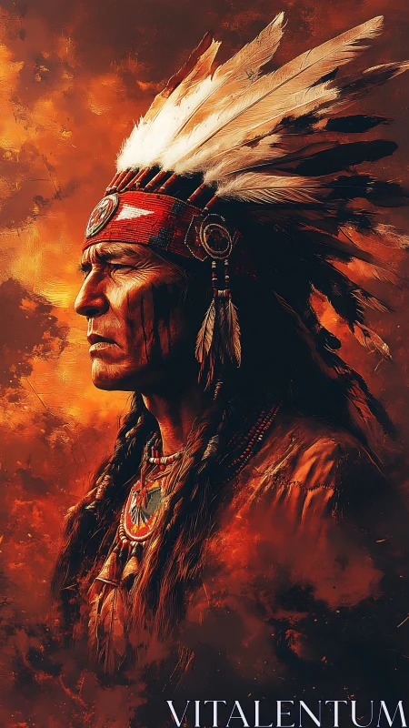 Proud tribal elder stands against a storm of burning skies