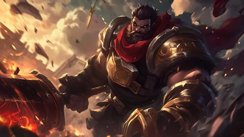 Armored warrior charges through blazing battlefield storm.