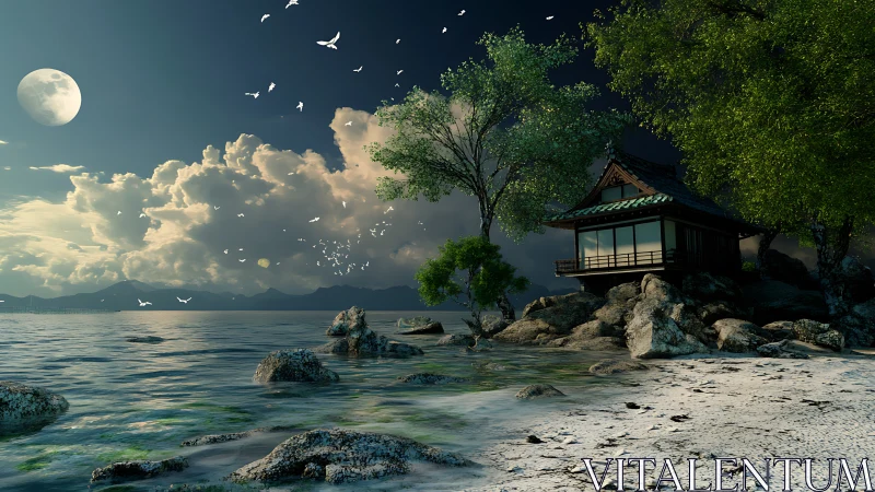 Moonlit Sanctuary: Where Eastern Pavilion Meets Serene Waters