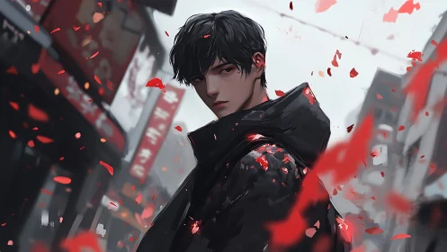 Brooding youth in urban street scene with dynamic red petals