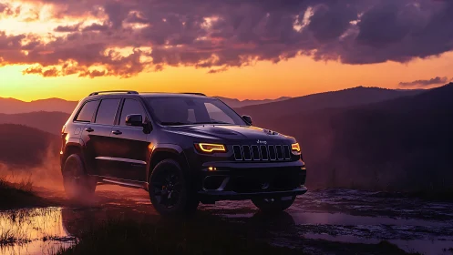 Off-road SUV silhouetted against vivid sunset mountain skyline