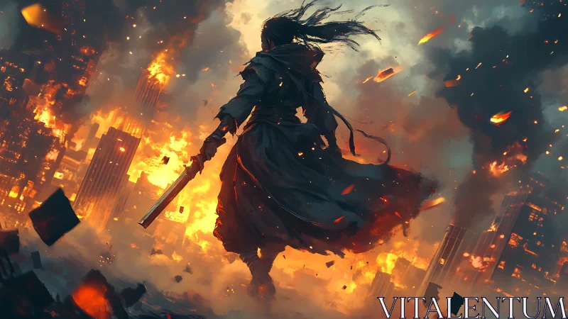 Silhouetted sword figure in burning high-rise cityscape.