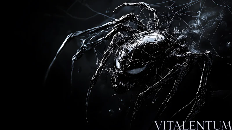 Sinister metallic spider creeps through a dark tangled web