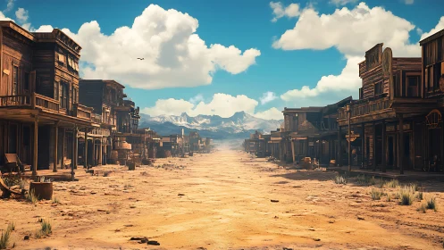 Dust-drifting frontier main street under crisp blue skies.