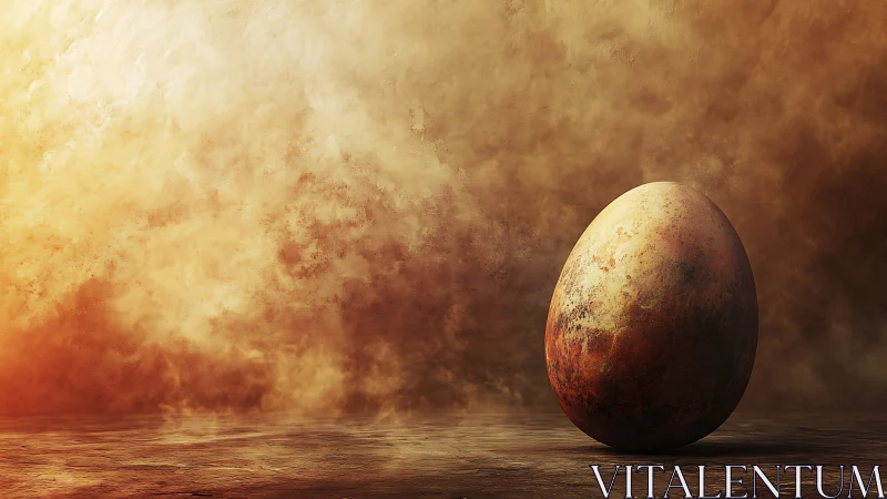 Weathered egg structure illuminated by warm volumetric backlight