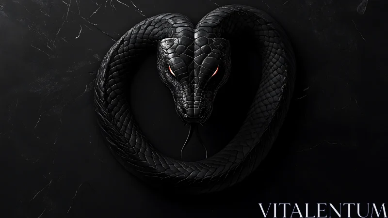 Coiled black serpent forms a glowing-eyed heart in shadow