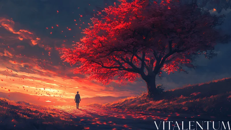 Solitary figure under crimson tree at cinematic sunset horizon