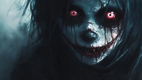 Haunting crimson gaze in a shadowy painted nightmare face.