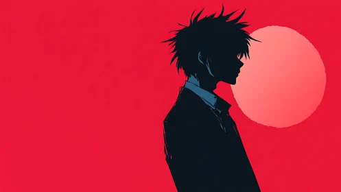 Silhouetted anime boy stands before large red sun
