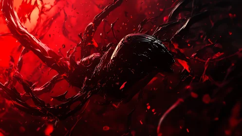 Viscous black biomass twists through high-contrast red lighting field