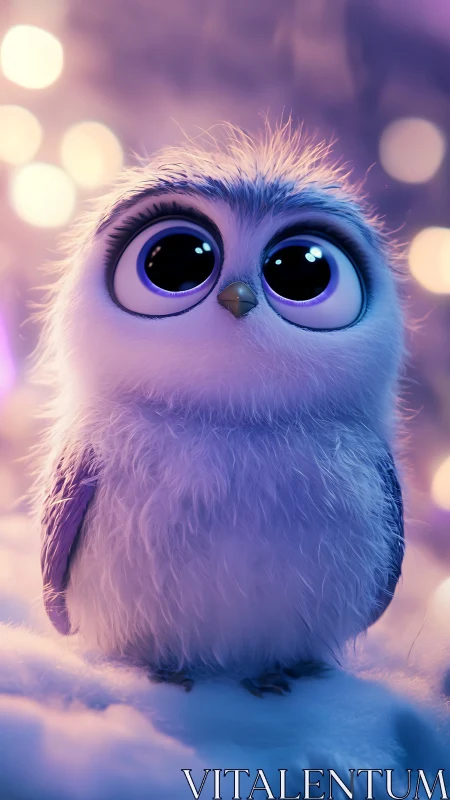 Wide-eyed fluffy baby owl in soft purple lighting.