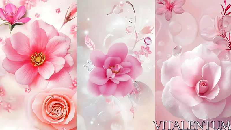 Ethereal Pink Floral Triptych With Layered Botanical Compositions