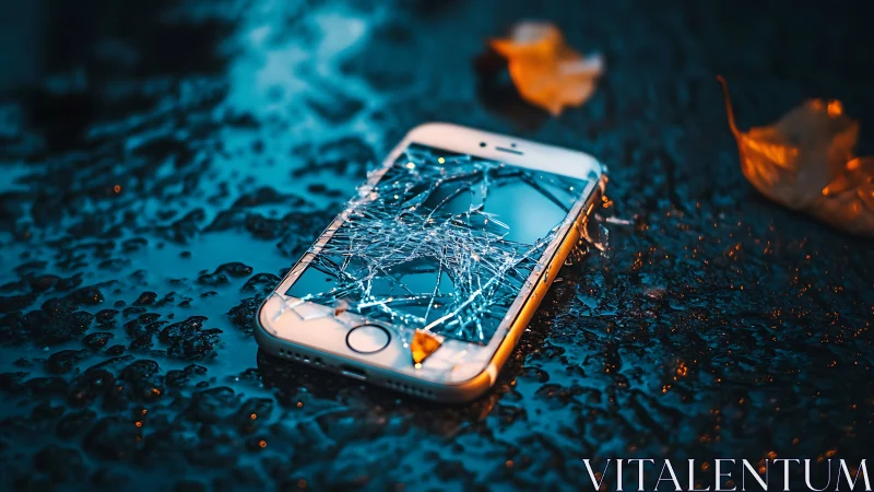 Shattered smartphone glows on wet asphalt in moody night scene.