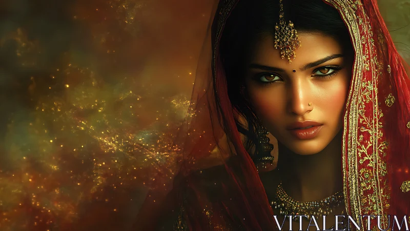 Digital portrait of Indian bride in red sari, jeweled bindi, veil