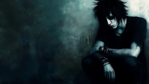 Brooding goth boy in shadowed teal urban corner. Period.