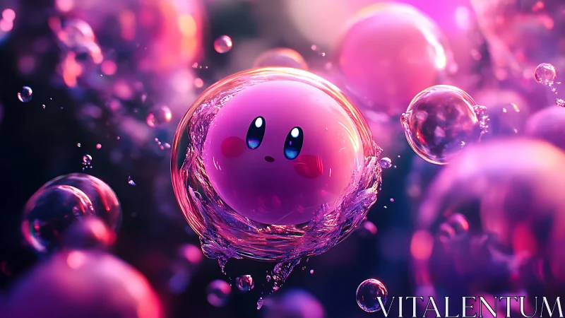Digital painting of pink mascot in iridescent liquid bubble orbit.
